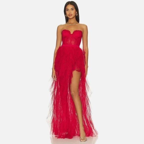NWT For Love & Lemons X REVOLVE Red Lace Strapless Gown S - Picture 1 of 8